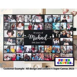 May include: A black and white photo collage on canvas featuring a man's 50th birthday. The collage includes photos of the man at different ages, with family and friends. The text "50 years of Michael 19th June 1973" is printed on the canvas.