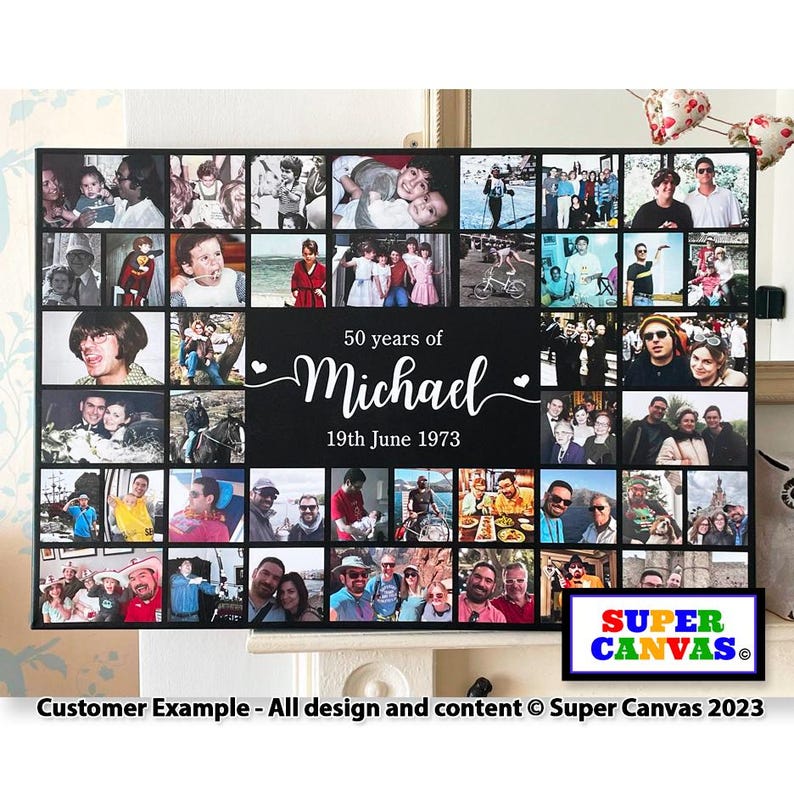 May include: A black and white photo collage on canvas featuring a man's 50th birthday. The collage includes photos of the man at different ages, with family and friends. The text "50 years of Michael 19th June 1973" is printed on the canvas.