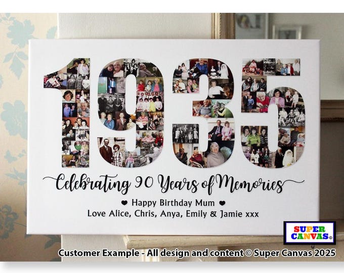 1935 90th Birthday Personalised Custom Mum Dad Husband Wife Friend Brother Sister 90th Birthday Photo Board Collage Framed Canvas Print Gift