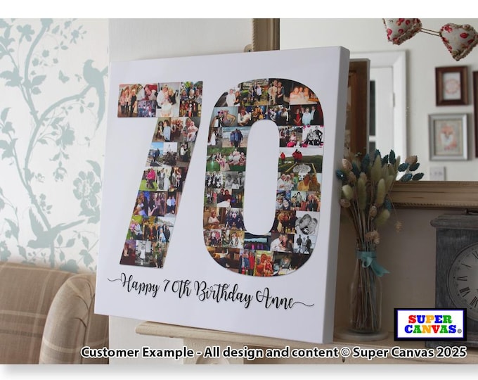 70th Birthday Number 70 Personalised Picture Photo Collage Framed Canvas Photo Print Mum Dad Nana Grandad Grandma Friend 70th Birthday Gift