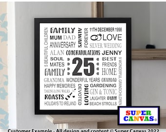 25th Silver Wedding Anniversary Personalised Wife Husband Friend Parents Grandparents Word Art Typography Handmade Custom Framed Print Gift