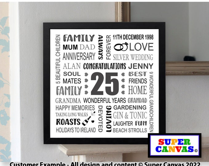 25th Silver Wedding Anniversary Personalised Wife Husband Friend Parents Grandparents Word Art Typography Handmade Custom Framed Print Gift