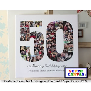 Pu&ograve; includere: Una tela bianca con un collage fotografico per un 50&deg; compleanno. Il collage &egrave; composto da foto di persone e ha la forma del numero 50. Il testo "Happy Birthday" e "Friendship Brings Beautiful Memories" &egrave; scritto sotto il collage. Il testo "SUPER CANVAS" &egrave; in un logo colorato sotto il testo.