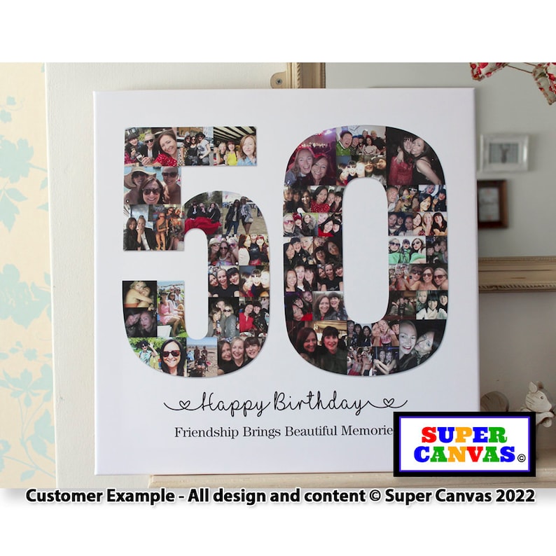 Pu&ograve; includere: Una tela bianca con un collage fotografico per un 50&deg; compleanno. Il collage &egrave; composto da foto di persone e ha la forma del numero 50. Il testo "Happy Birthday" e "Friendship Brings Beautiful Memories" &egrave; scritto sotto il collage. Il testo "SUPER CANVAS" &egrave; in un logo colorato sotto il testo.