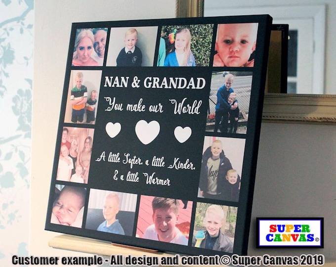 Grandparents Personalised 12 Picture Photo Framed Family Photo Canvas Print Handmade Unique Gift for Grandad Nana Mum Dad Birthday Gift