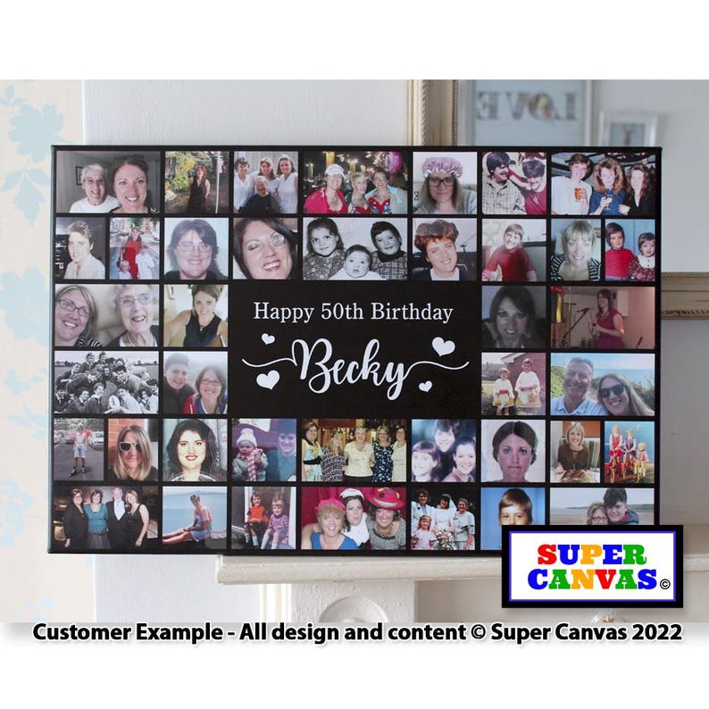 May include: A black and white photo collage canvas with a black background. The canvas features a grid of photos of different people, including a group of people, a family, and a couple. The text "Happy 50th Birthday Becky" is written in white on the canvas.