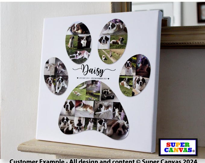 Paw Print Shape Custom Dog Cat Pet Portrait Picture Photo Display Board Collage Wall Art Framed Canvas Print Pet Dog Memorial Birthday Gift