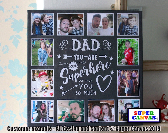 Dad Daddy Fathers Day Superhero Personalised Daddy Dad 12 Picture Photo Collage Framed Canvas Print Birthday Fathers Day Gift from kids