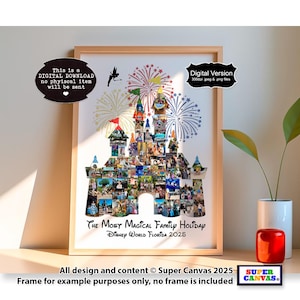 Peut inclure: Une impression encadrée représentant un collage en forme de château, avec des feux d'artifice et une silhouette de fée. L'impression comprend le texte "THE MOST MAGICAL FAMILY HOLIDAY DISNEY WORLD FLORIDA 2025". Il s'agit d'un téléchargement numérique.