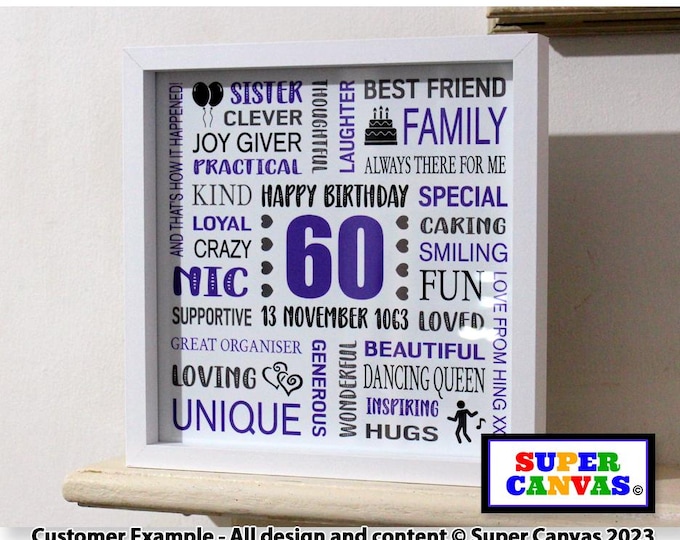 Happy 60th Birthday Personalised Custom Husband Wife Mum Dad Grandad Nana Best Friend 60th Birthday Framed Word Art Typography Print Gift