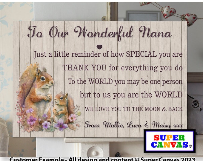 To My Grandma Nana Personalised Cute Squirrel Picture Word Art Framed Canvas Print Unique Gift for Nannie Grandparent Birthday Present Gift