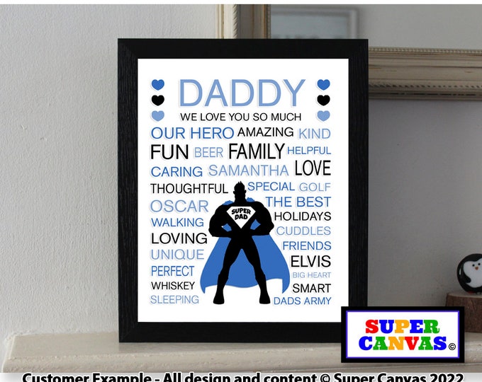 Dad Superhero Word Art Personalised Handmade Dad Daddy Grandad Husband Typography Picture Framed A4 A3 Print Birthday Card Gift for Him