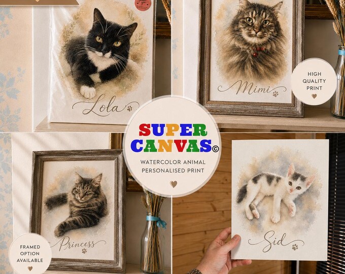 Custom Watercolour Pet Cat Personalised Cat Painting Portrait Print from Photo Memorial Artwork Framed Print Unique Handmade Pet Lover Gift