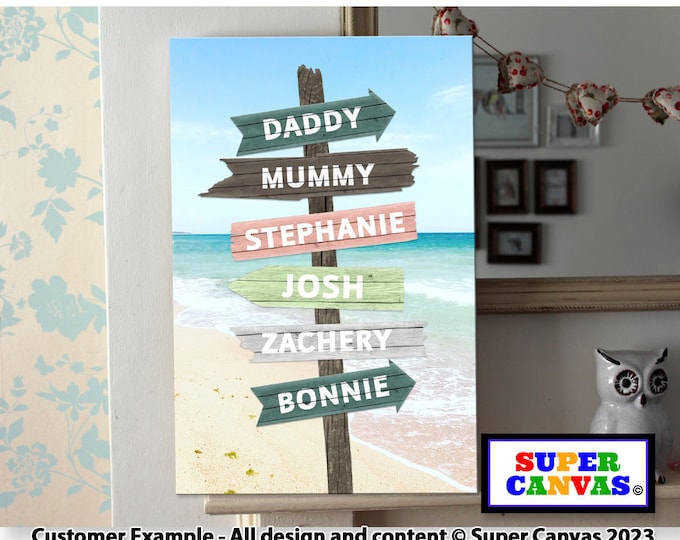 Fathers Day Dad Daddy Family Wooden Street Sign Post Personalised with Family Names Beach Picture Wall Art Framed Canvas Print Unique Gift