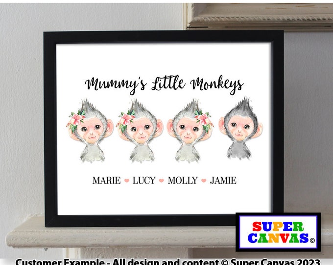Mum Mummy Custom Cute Monkey Animal Family Personalised Family Portrait Picture Wall Art Framed A4 A3 Print Handmade Birthday Present Gift