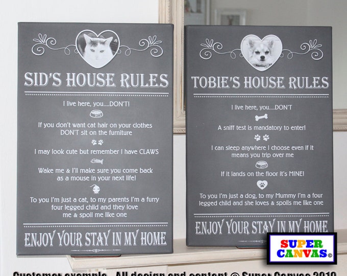 Pet Dog Cat House Rules Personalised Custom Pet Photo Portrait Handmade Sign Framed Canvas Print Fun  Puppy Dog Cat Mum Dad Birthday Gift