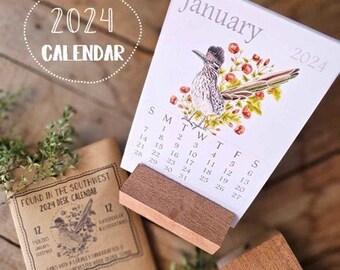 2024 Desert Calendar, Found in the Southwest, Science and Art Illustration, Desert Wildlife Art, Handmade Wood block Stand, Desktop Calendar