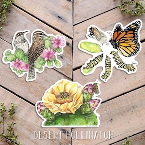 Wüsten Bestäuber Aufkleber, Tierillustration, Wüsten Aufkleber, Kaktus Zaunkönig, Monarchfalter Metamorphose, Kaktus Biene Aufkleber