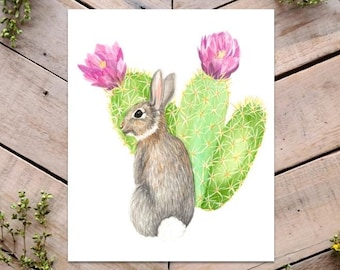 Cottontail Rabbit Art Print, Rabbit and Hedgehog Cactus Illustration, Watercolor Desert Art, Cute Desert Rabbit