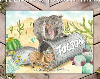 Javelinas getting into the trash Art Print, Tucson Art, Arizona Javelinas, Naughty Desert Javelinas, desert peccary, watercolor art