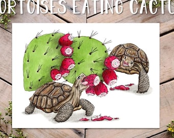 Desert Tortoises eating Cactus Fruit Art Print, Prickly Pear Tuna and turtle, Tortoise Art, Turtle art, cute hungry tortoise, watercolor art