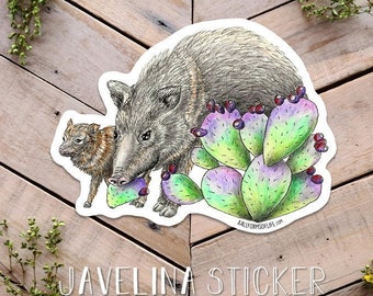 Javelina and Baby Sticker, Javelina Dinner in the Desert Art, Vinyl Desert Javelina Sticker, Baby Javelina and Mother, Cute desert sticker