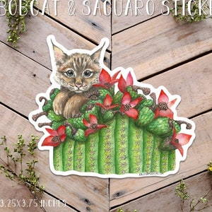 Rotluchs und Saguaro Kaktus Aufkleber, Wildkatze Aufkleber, Baby Rotluchs Kunst, Süßer Rotluchs Aufkleber, Vinyl Katzenaufkleber, Wüstentier Aufkleber, Katze