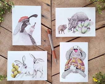 Candid Desert Wildlife 4 Card Pack, Desert Greeting Cards, Cute desert animals, quail card, jackrabbit card, tortoise card, javelina card