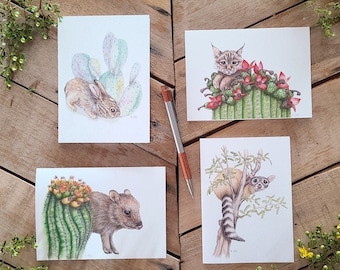 Desert Animals and Cactus Art Card Pack, scientific illustration, Javelina card, ringtail card, jackrabbit baby card, bobcat saguaro card