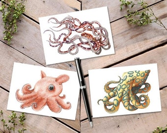 Octopus Card, Octopus greeting card, BlueRinged Octopus, Cute Dumbo Octopus, Mimic Octopus Art, Octopus Illustration Cards, cute octopus