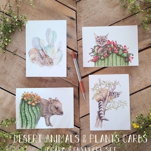 Desert Animals and Cactus Art Card Pack, scientific illustration, Javelina card, ringtail card, jackrabbit baby card, bobcat saguaro card