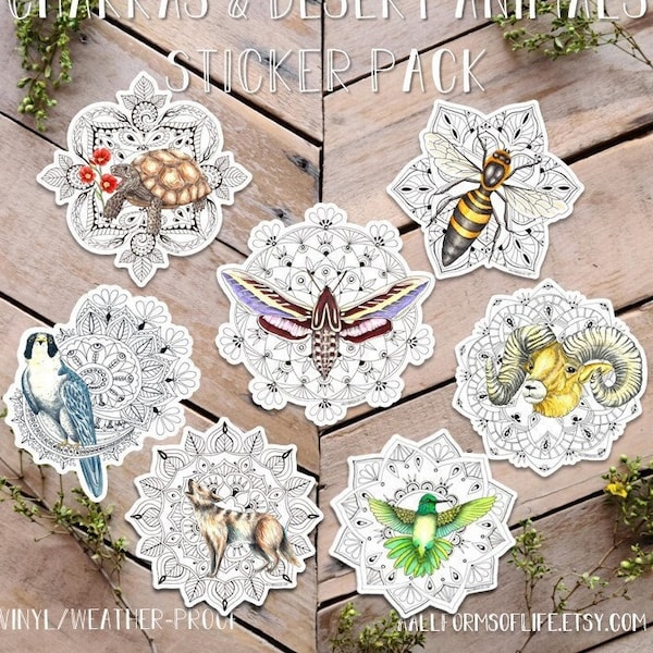 7 Chakra Stickers, Desert Animals and their Chakras. Animals and Mandala art, metaphysical stickers, chakra stickers, chakra geometry art