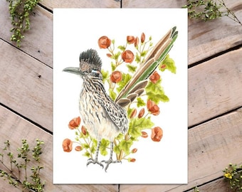 Roadrunner and Globe Mallow Art Print, Sonoran Desert Flora and Fauna, Scientific Art, Roadrunner Art, Desert Wildflower, Desert bird