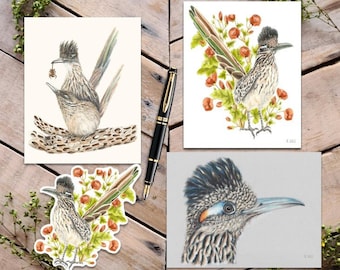 Roadrunner Card Pack, Desert Bird Cards, Roadrunner sticker and notecards, bird greeting cards