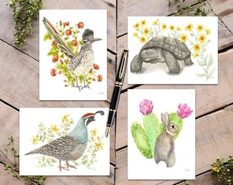 Desert Flora and Fauna Card Pack, Desert Wildlife Illustration notecards, desert greeting cards