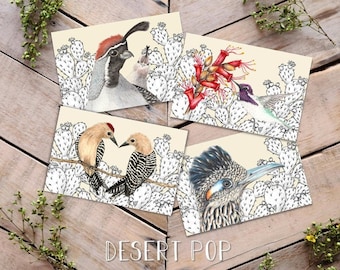 Desert Pop Postcard 4 Pack, Desert Bird Postcards, Cacti and Bird Art, Bird Notes, Prickly Pear Cactus Illustration, Fun Postcard Pack, Card
