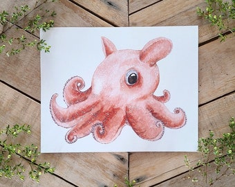 Dumbo Octopus Art Print, Cute Octopus Illustration, Octopus wall decor, Kawaii Art, Tiny Octopus with ears, sea life watercolor, adorable