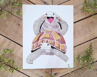 Tortoise Time Print- Candid Wildlife Illustration, Romantic Turtle Sex, Funny Tortoises