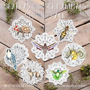 May include: A set of seven vinyl stickers featuring desert animals and mandalas. The animals include a turtle, bee, moth, falcon, wolf, ram, and hummingbird. The stickers are weatherproof and perfect for adding a touch of nature to your belongings.