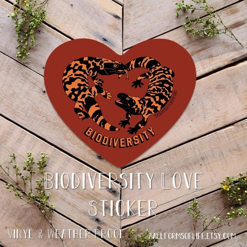 Gila Monster Biodiversity Love Sticker, Vinyl UV resistant, Cute lizards, Lizard Heart, Desert Love, Art for Conservation, lizard love image 1