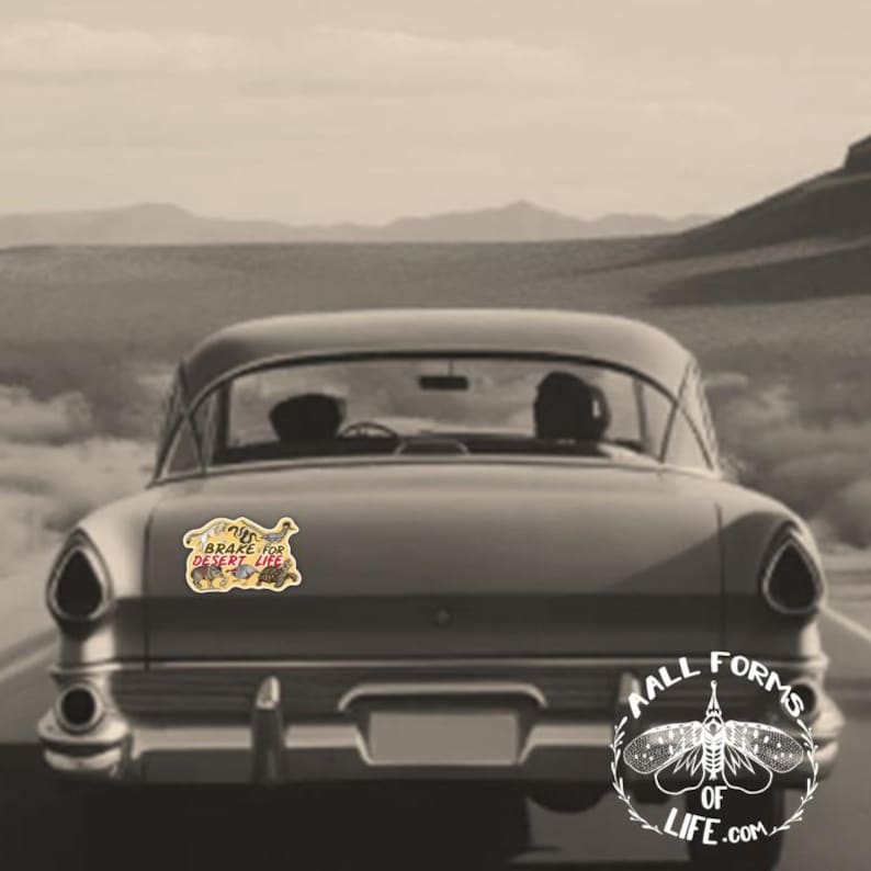 May include: A vintage car with a bumper sticker that reads "Brake for Desert Life." The sticker features a desert scene with colorful illustrations. The car is driving on a desert road.