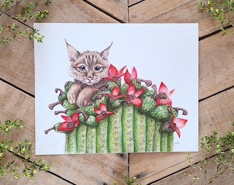 Bobcat on Saguaro Illustration Art Print, Natural Science Art, Saguaro Cactus fruiting, baby bobcat, Desert animal art, cute bobcat print