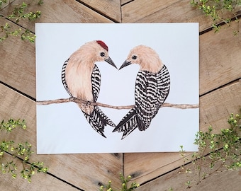 Gila Woodpecker Bird Love Art Print, Natural Science Illustration, Heart Shaped Birds, Sonoran Desert animals, Nature Art, Bird Lover