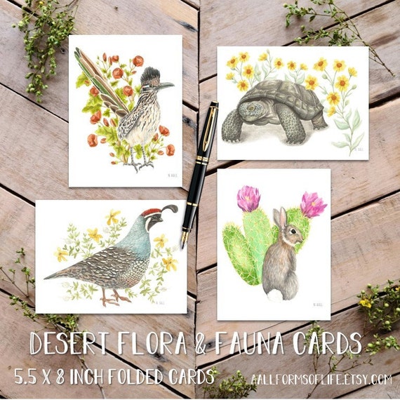 Desert Flora and Fauna Card Pack, Desert Wildlife Illustration notecards, desert greeting cards