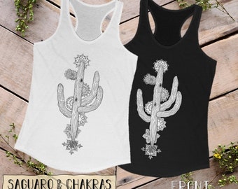 Saguaro and Chakra Women's Racerback Tank Top, Chakra Shirt, Metaphysical Desert Art, Cactus Shirt, Yoga Wear, saguaro cactus art shirt