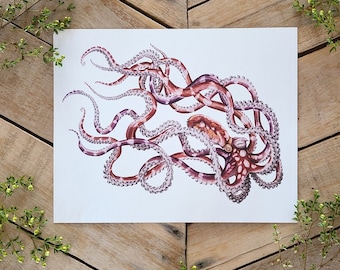 Mimic Octopus, Scientific Illustration - Aquatic Behavior Swimming- Watercolor, Pen & Ink Print