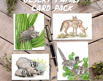 Desert Family Art Card Pack, Owl Nest Art, Roadrunner Nest Art, Badger Babies, Coyote pup art