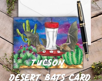 Desert Bats Notecard, Bats drinking from hummingbird feeder Art Card, Desert Night Art, watercolor native bats, Tucson Bats, Tucson Card