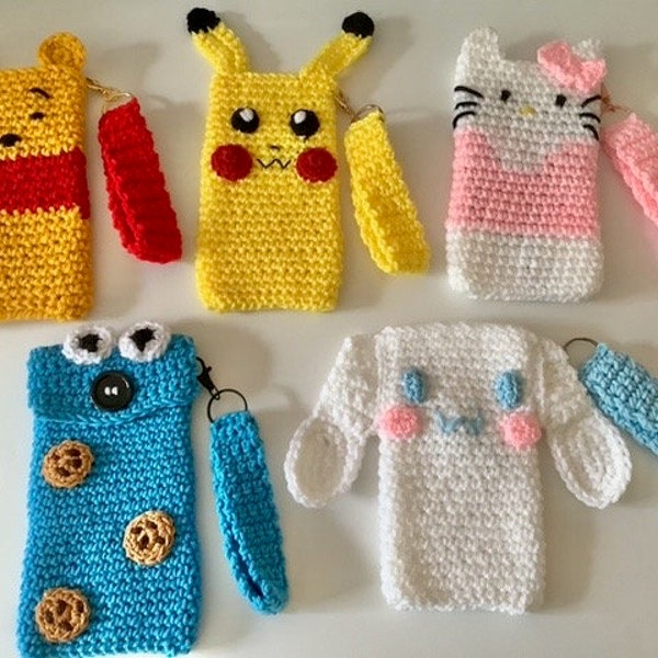 Character Phone Cozies, Crochet Phone Pouch, Handmade, Pooh Bear, Hello Kitty, Pikachu ect.... Various Sizes