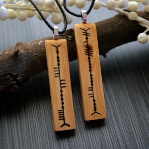 Ogham pendents - Heart of pine couples, Your names in ogham. Handmade perfect for someone you love, customizable.